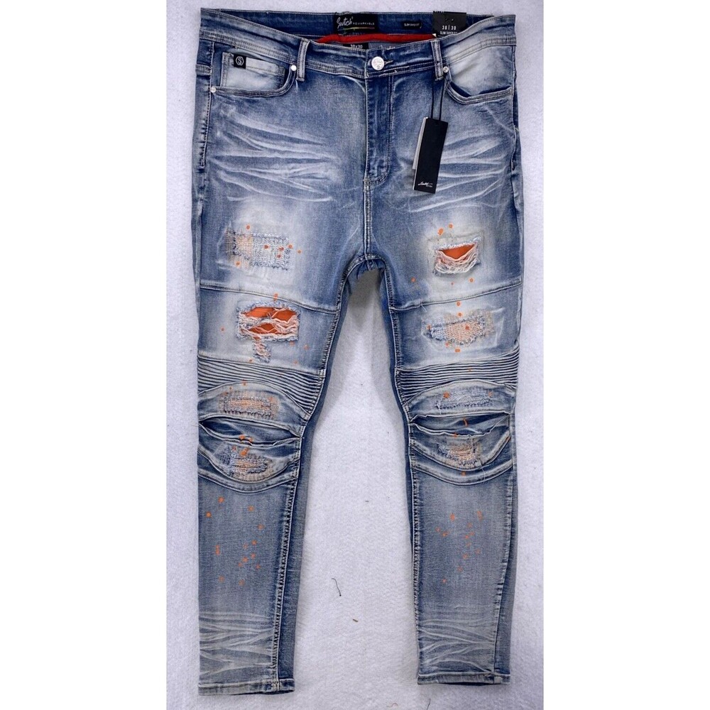 Switch Remarkable Men 38x30 Slim Taper Biker Jeans Distressed Paint Splatter NWT